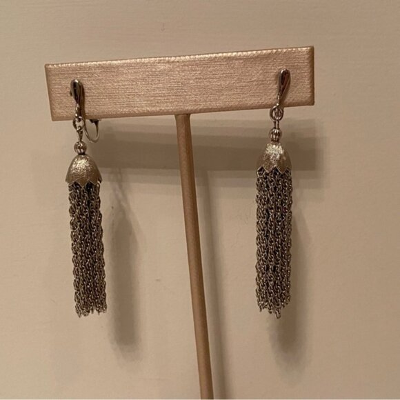 Trifari Jewelry - CROWN TRIFARI EARRINGS SILVER TONE FRINGE TASSEL DANGLE DROP CLIP ON VINTAGE